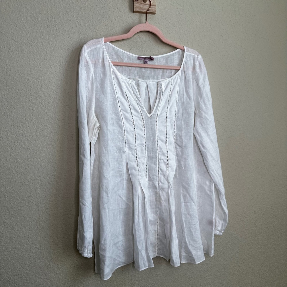 Calypso St Barth 100% Linen Pintuck Lace Trim V-Neck Tunic Blouse M Coastal Boho